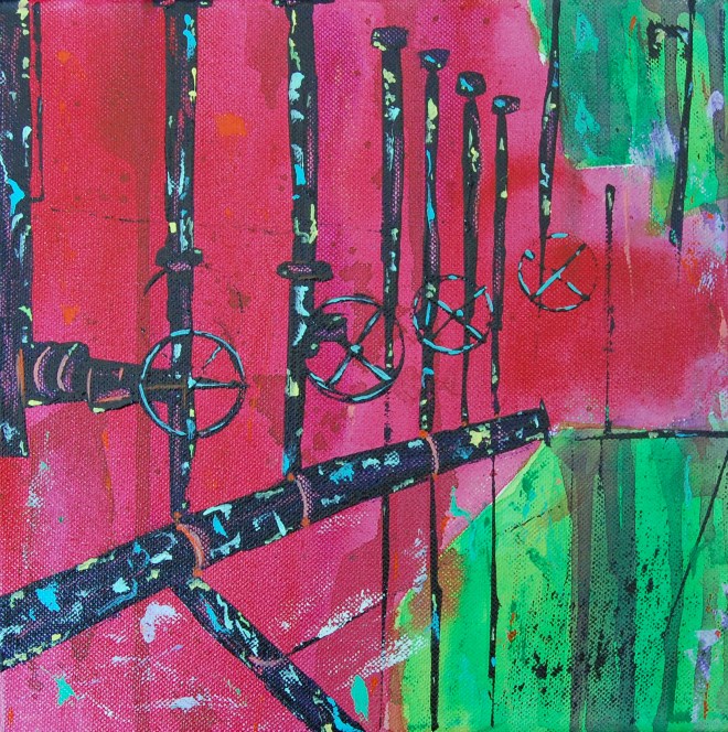 Freeze dried. 10x10". This was done from a photo of some metalwork on the wall; the colours were amazing. 