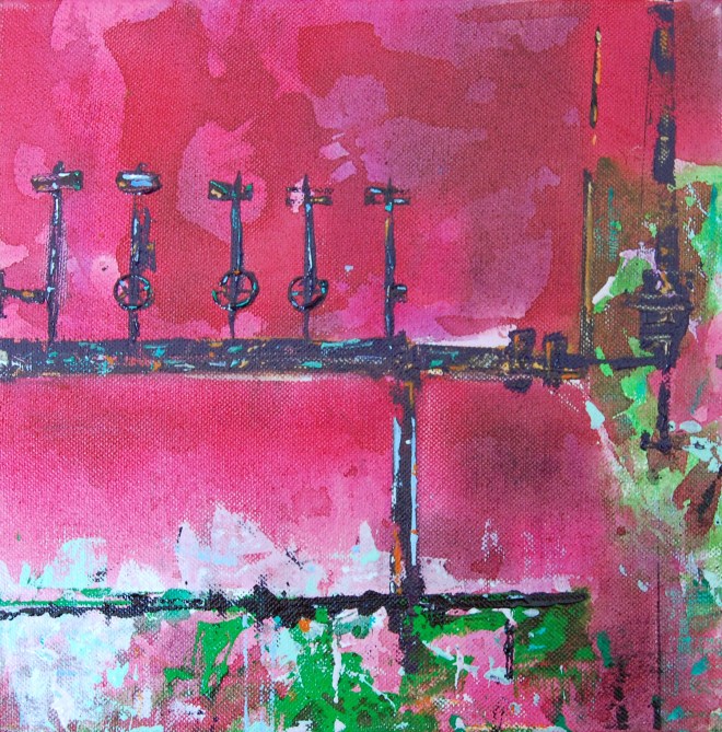 Where's my knife. Freeze dried. 10x10". This was done from a photo of some metalwork on the wall; the colours were amazing. 